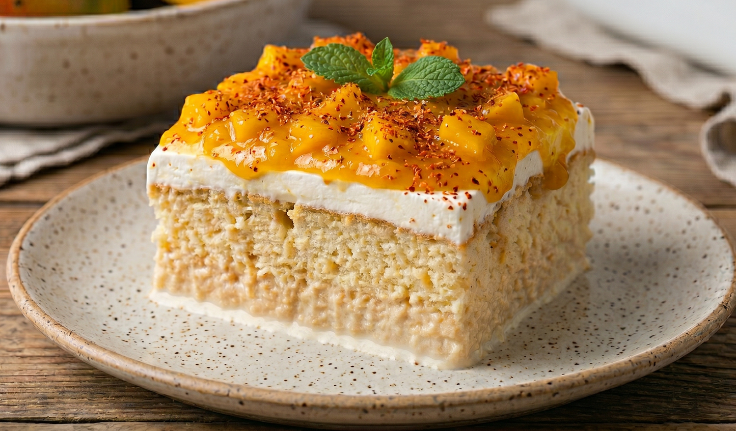 Tres Leches topped with mango compote and tajin spice